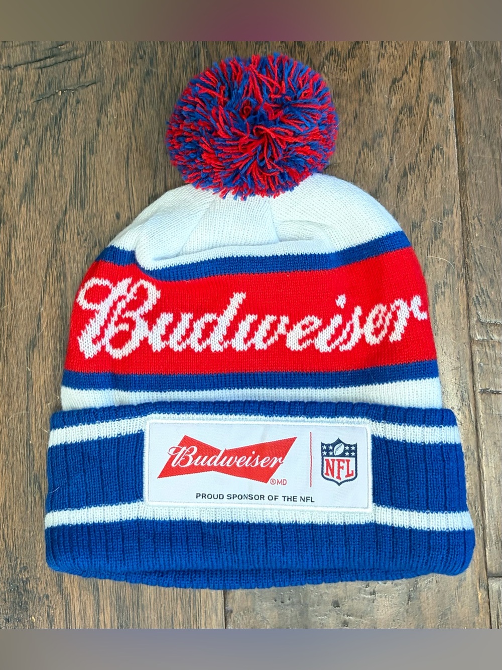 Budweiser NFL Pom Pom Beanie Toque Red White Blue Knit Hat Retro